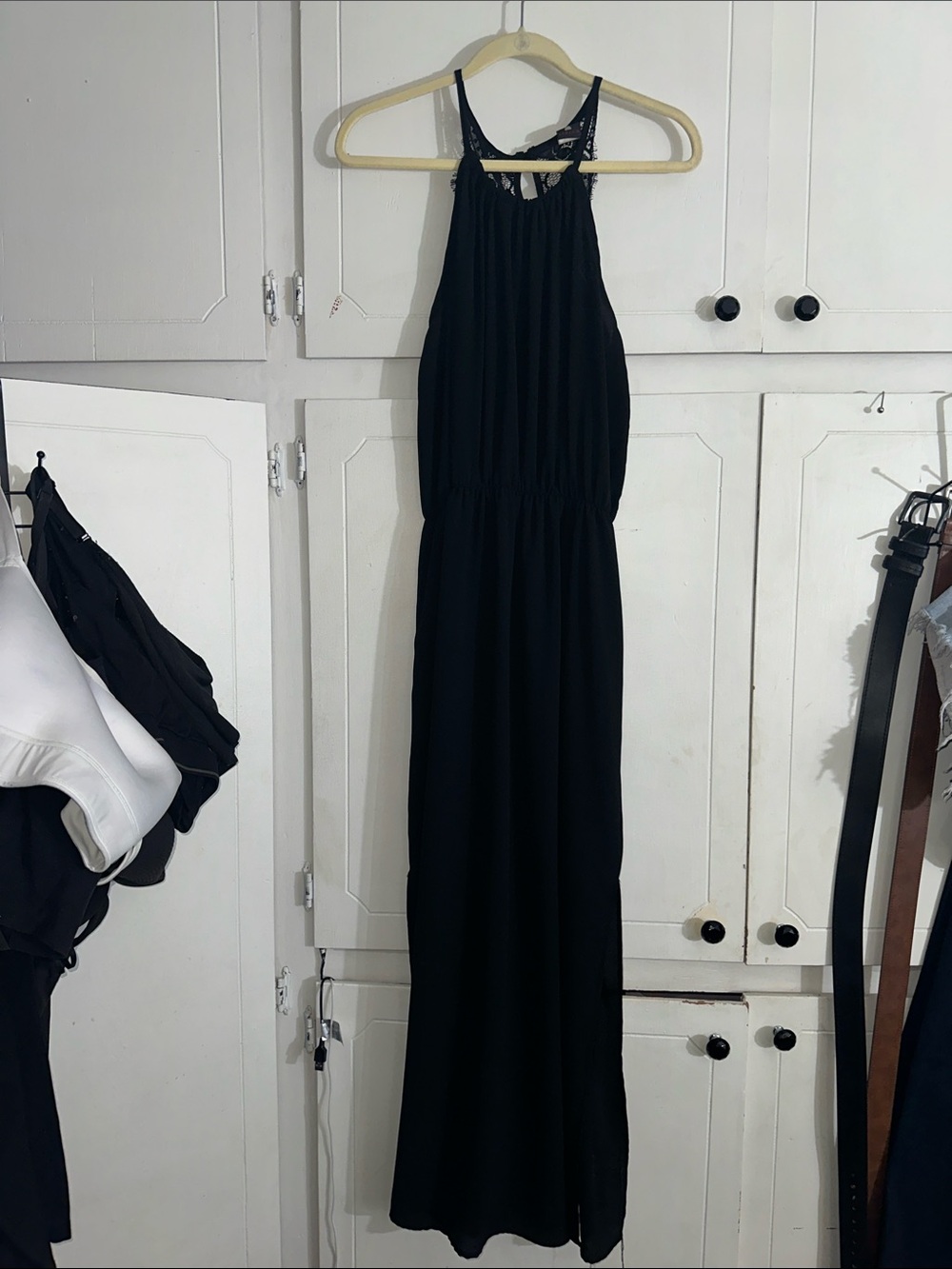 Libian Black Halter Maxi Dress with Gathered Waist